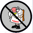 Humorous image of an  anthropomorphic Tuesday daily calendar page using a pencil to draw the international NO symbol on itself.
